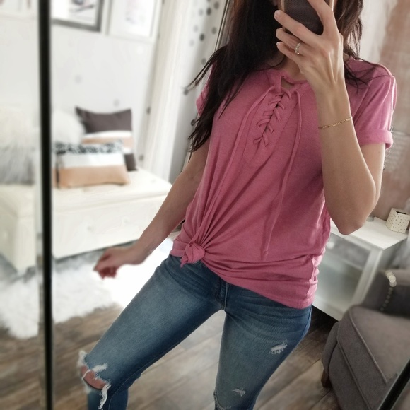 S🅾️LD OUT Raspberry Pink Lace Up Top Spring Tees - Picture 5 of 5